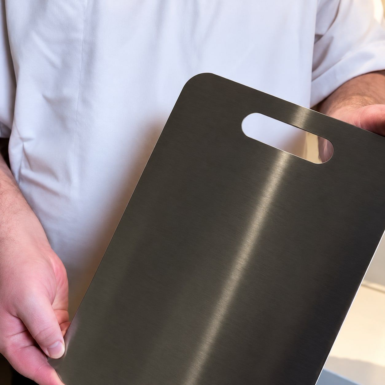 Illustration of a titanium board held up, showing its handle cut-out
