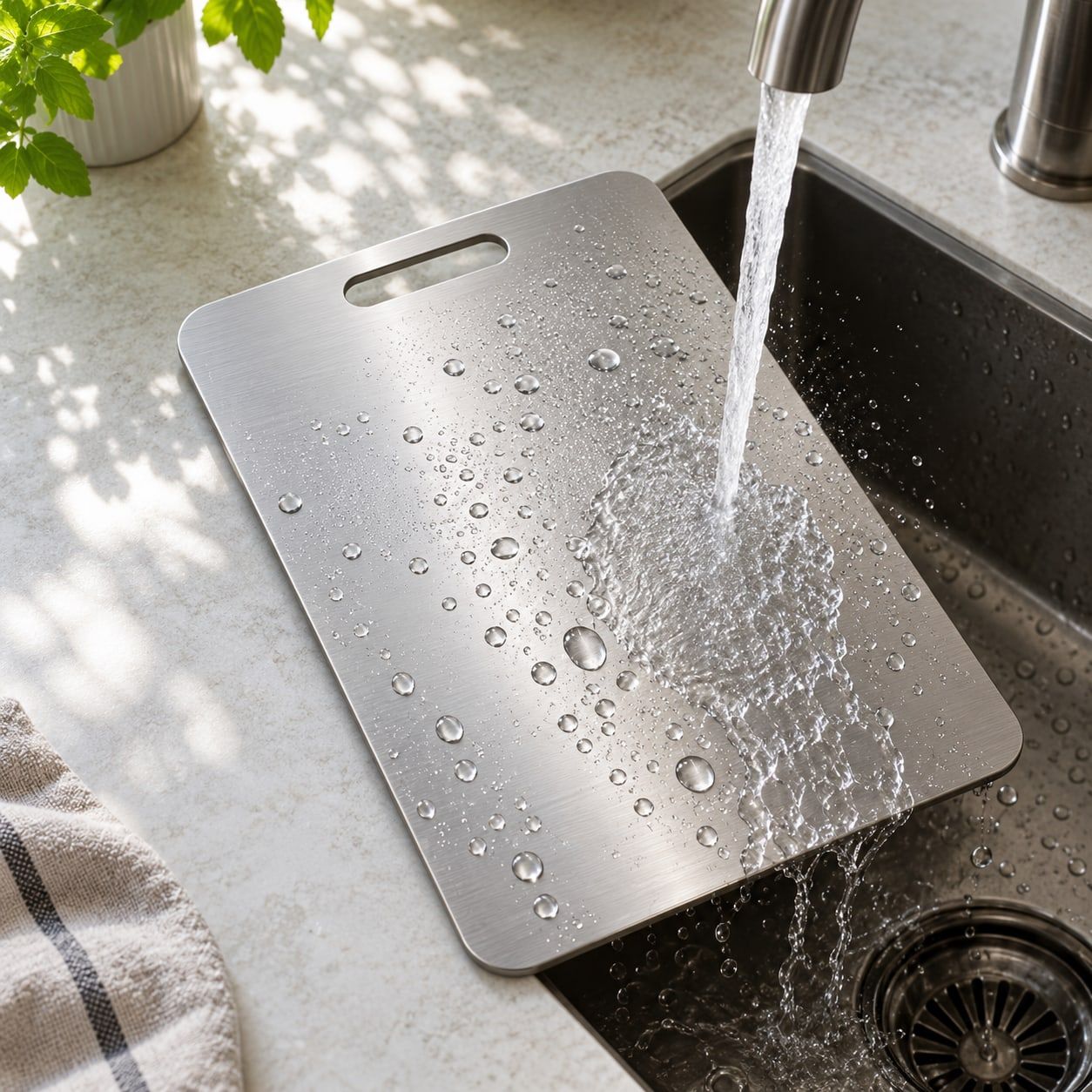 Illustration of a titanium board rinsed under a kitchen tap