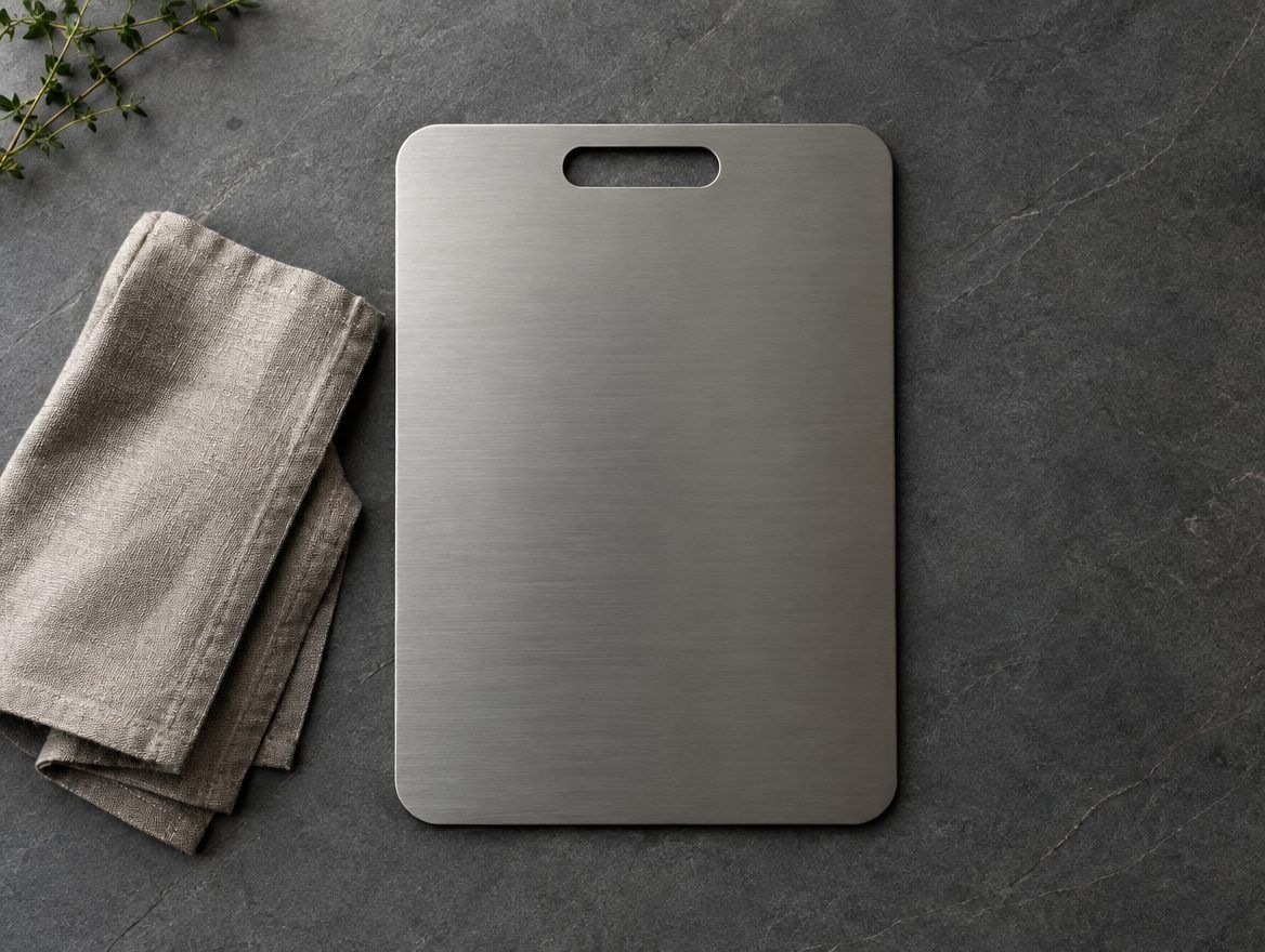 Illustrative flat lay of a rectangular titanium board on a worktop