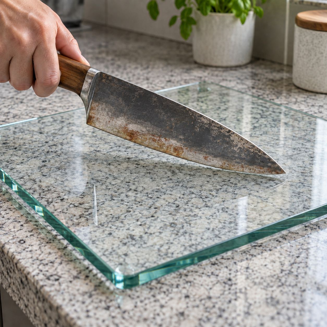 Hand holding a visibly worn knife over a clear glass chopping board on a stone worktop