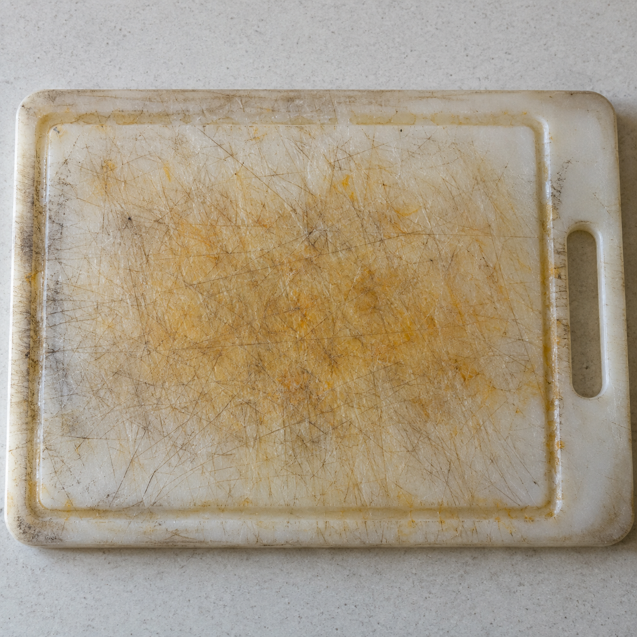 Stained white plastic chopping board with yellowed, scratched cutting surface